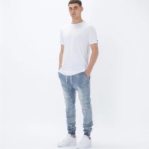 Zanerobe Blue Sureshot Denim Joggers Slim Fit Low Rise Drawstring Pants